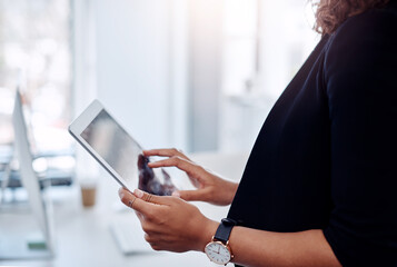 Tablet, person and hands in office for research, social media and networking or communication. Closeup, woman and browsing internet for work information, learning and ideas for contact or messages