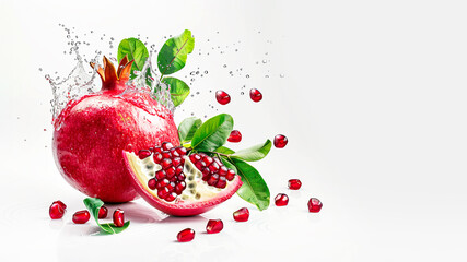 Pomegranate with water drops and leaves isolated on a white background. Red sweet fruit. Copy space