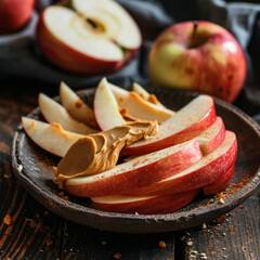 Realistic food photography, fresh apples and peanut butter on rustic plate, healthy snack, soft lighting