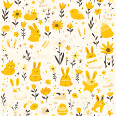 Happy Easter Vector - Festive Seasonal Patterned Design with Adorable Rabbits, Floral Elements, and Sunshine for Decoration