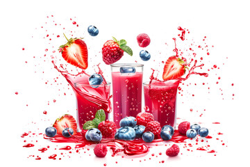 Berries drink with strawberry, blueberry, raspberry in splashing fresh juice isolated on white background.