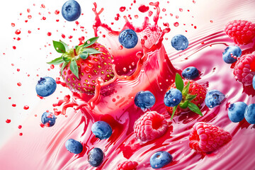 Berries drink with strawberry, blueberry and raspberry in splashing fresh juice isolated .