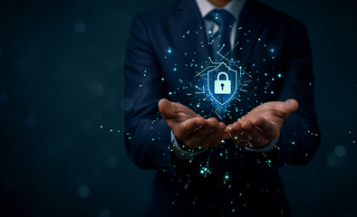 Businessman holding a virtual padlock and digital security icon with a hologram effect on a dark blue background. Cyber photography depicting the concept of data protection or web protective technolog