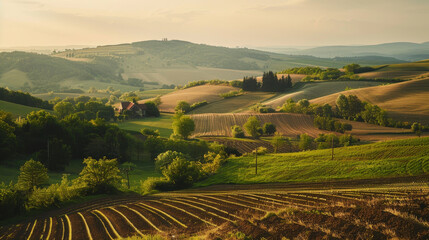 Fototapeta premium Rolling hills and rural landscapes in eastern europe, traditional agriculture in soft light