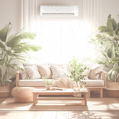 Contemporary Interior Space with Energy-efficient A/C Unit, Comfortable Furniture, Potted Plants, and Abundant Daylight