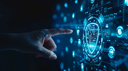 A hand is pointing at an abstract shield with binary code on it, symbolizing digital security and data protection. The dark blue background has futuristic elements like circles or lines in the shape o