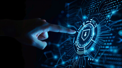 A hand is pointing at an abstract shield with binary code on it, symbolizing digital security and data protection. The dark blue background has futuristic elements like circles or lines in the shape o