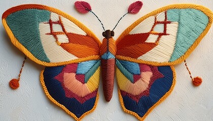A low poly-style butterfly embroidery with vibrant colors on a simple white background
