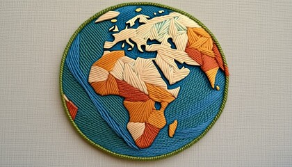 Low poly globe design embroidered in blue and green threads on a pale blue background. 