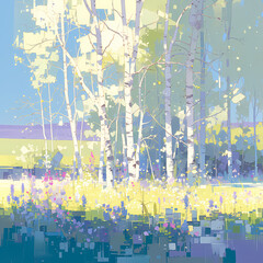 Birch grove in full bloom, painting a serene picture of spring with lush greenery and delicate blue flowers.