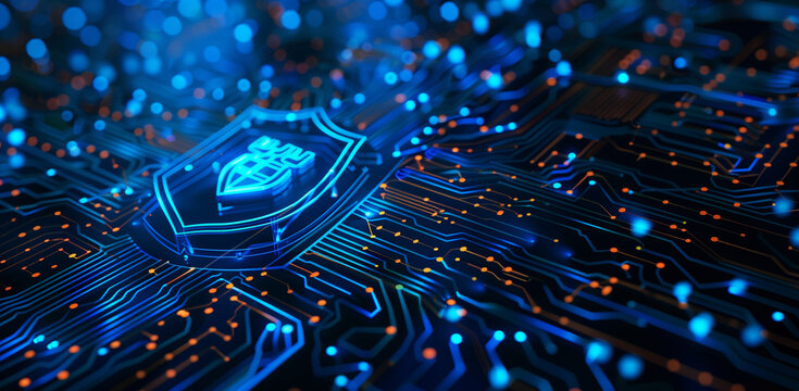 A blue background with circuit board patterns and an icon of the shield symbol for cyber security and data protection. The concept features a digital technology banner or wallpaper design in the style