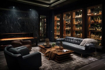 a modern masculine study room. black sofa, dark walls and lighting. luxury interior of a men's...