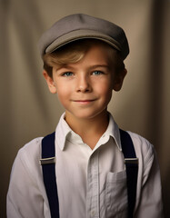 Young boy wearing cap and suspenders