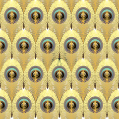 Abstract, geometric peacock gold feather vector pattern