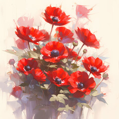 Vibrant and Artful Bouquet of Ruby Anemone Blossoms in a Stunning Oil Painting