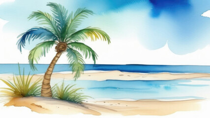 Watercolor illustration summer day on beach with palm tree, traveling, relaxing and rest concept, copy space, protection the oceans, postcard