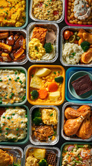Nostalgic Array of Colorful Trays Filled with Classic TV Dinners Ready for the Oven