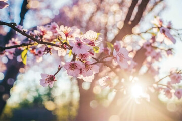 Fototapeta premium Beautiful blooming sakura tree branches. Spring nature. Pink cherry flowers. Bright sunny weather. Generative AI