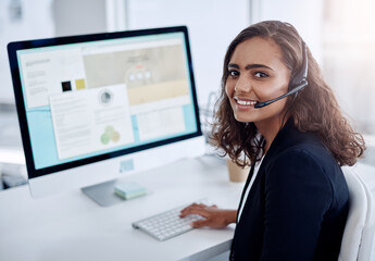 Call center, woman and portrait with computer in office for customer service, sales planning or...
