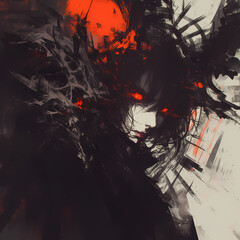 Dark and Sinister Demonic Figure with Crimson Eyes - Eerie Gothic Art for Halloween or Thriller Media