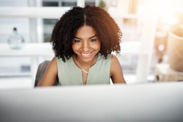 Black woman, computer and smile as copywriter in office for online networking or writing article,...
