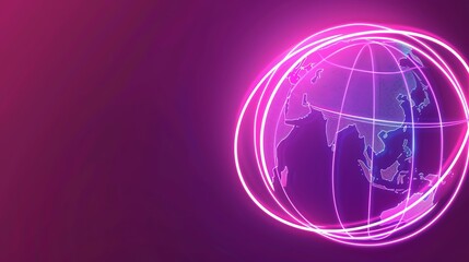 A glowing pink globe of the earth with pink rings around it on a purple background.