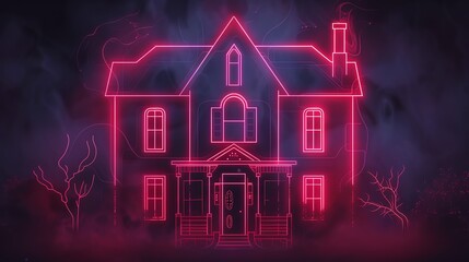 An illustration of a haunted house with a glowing red outline.