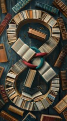 An infinity symbol made out of old books on a wooden background.
