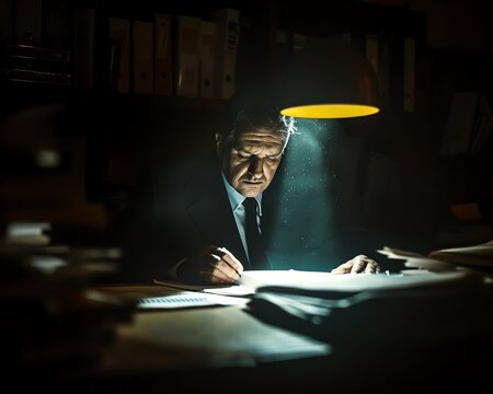 A man in a suit is sitting at a desk in a dark room. He is writing something on a piece of paper. There is a lamp on the desk, and it is casting a light over the man. The man is wearing a hat, and he