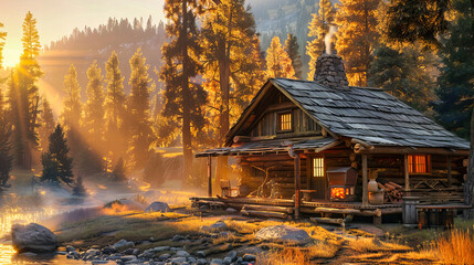 Wooden Cabin in Snowy Forest, Idyllic Winter Scene with Frosty Trees and Blue Skies