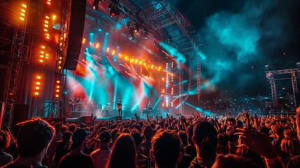 A lively music festival scene, crowd enjoying under vibrant stage lights, with left side text space...