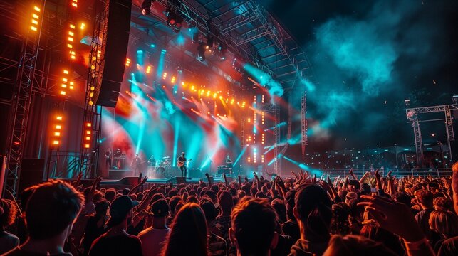 A lively music festival scene, crowd enjoying under vibrant stage lights, with left side text space for a YouTube thumbnail