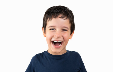 Dark haired little child wearing casual t-shirt standing over isolated white background with a happy and cool smile on face. Lucky person