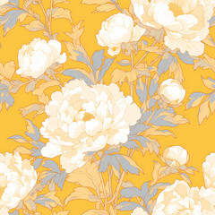 Elegant Depiction of Vintage Peony Flower Arrangement in Pastel Yellow and White