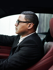 Profile, gentleman and entrepreneur in a luxury car, rich person and wealthy with morning commute...