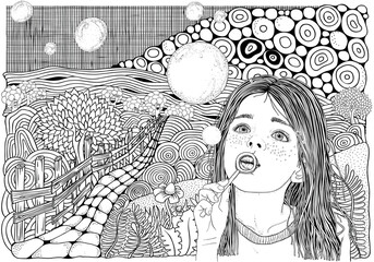Cute Girl with freckles blows bubbles. Coloring book page for adult. Black and white. Village landscape. Path with a wooden fence, grass, flowers, fields and sky with clouds.
