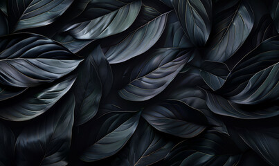 Textured Abstract Black Tropical Leaves Flat Lay Backdrop - Dark Nature Digital AI Concept Leaf Pattern Design