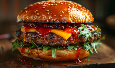 Juicy Smashed Burger with Melted Cheese, Dripping BBQ Sauce - Mouth-Watering Fast Food, Restaurant Meal