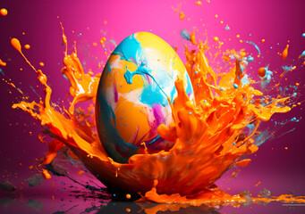 Vibrant Orange Easter Egg Color Splash - Festive Spring Holiday Celebration, Colorful Explosion Background
