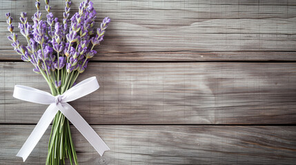 Lavender flowers with a white ribbon on a wooden background, in a top view. A simple wedding or anniversary concept. Copy space for text and product advertising or web design element.