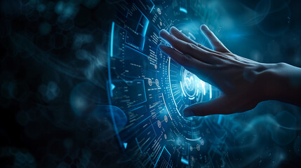 
Hand touching digital shield with binary code and hologram on dark blue background, security concept. Vector illustration in the style