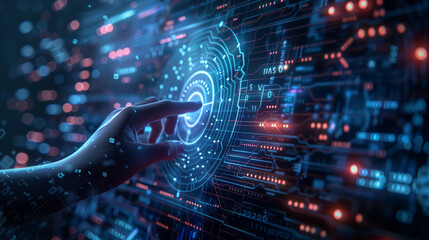 Hand touching virtual shield with binary code and cyber security concept on dark blue background, in the style of professional color grading, soft shadows, clean sharp focus, digital photography in th