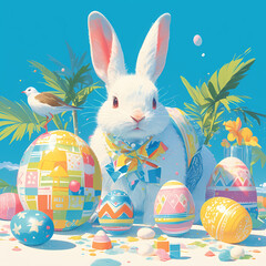 Festive Easter scene featuring a cute bunny surrounded by colorful eggs and tropical flowers. Perfect for holiday celebrations and seasonal marketing campaigns.