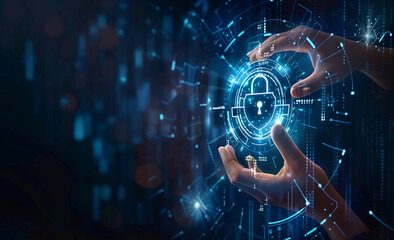 
Man's hands holding a virtual digital shield with a lock and binary code, representing a data protection concept for internet security system technology background. A businessman's hand touching a cy