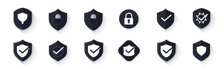 Set of security icons, black and white silhouette, simple vector illustration on flat background, modern design elements, shield with lock symbol, check mark icon for professional website or mobile ap - Powered by Adobe