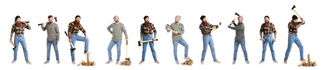 Set of lumberjacks on white background