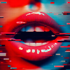 Red Glitch Art Lips in a Digital Distortion Style