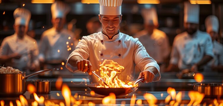 A chef in a bustling restaurant kitchen accidentally sets a pan on fire during a flambe, 2d, flat, illustration, solid color.