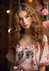 Fototapeta premium Elegant woman with curly blonde hair and floral dress
