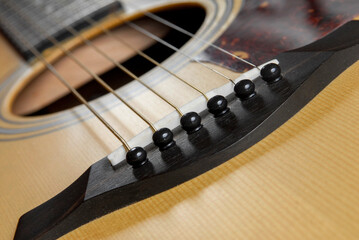 Acoustic guitar, close-up of acoustic guitar, detail of guitar strings wooden musical instrument